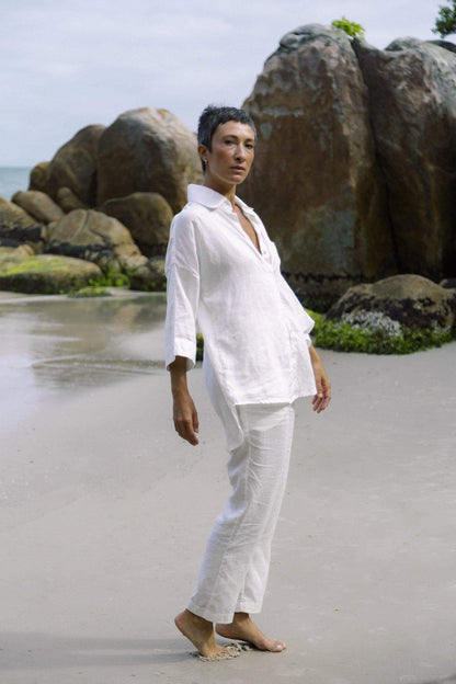 Calça Cós Fixo Linho Puro - OCRE. moda praia consciente